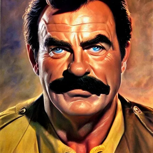 Image similar to ultra realistic portrait painting of tom selleck as super mario, art by frank frazetta, 4 k, ultra realistic, highly detailed, epic lighting