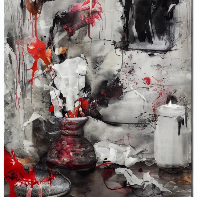 Image similar to a female artist's apartment, sensual portrait of a woman sleeping, cracked handmade japanese pottery vase, torn paper smouldering smoke, candles, white flowers on the floor, puddle of water, octopus, squashed berries, neo - expressionism, surrealism, acrylic and spray paint and oilstick on canvas