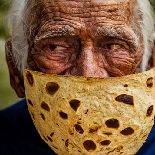 Prompt: an elderly man wearing a mask made from a tortilla, bold natural colors, national geographic photography, masterpiece, 8 k, raw, unedited, symmetrical balance