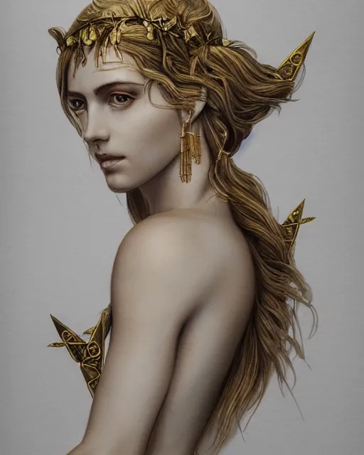 Image similar to front view of beautiful aphrodite greek goddess wearing a gold laurel wreath and triangle earrings, realism tattoo sketch, beautiful piercing eyes with sharp pupils, beautiful blonde hair, in the style of greg rutkowski, fantasy, amazing detail, epic, elegant, smooth, sharp focus