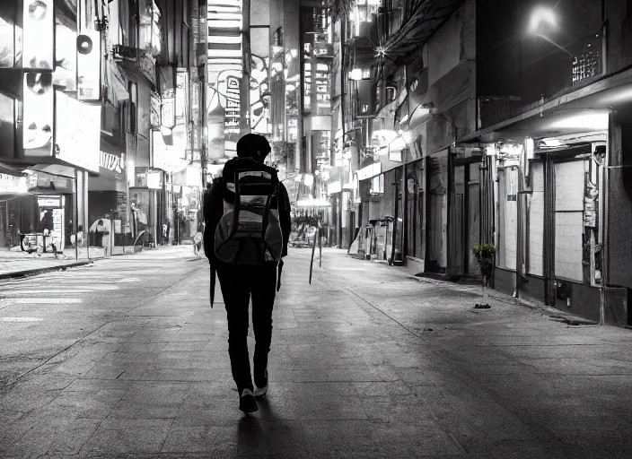 Image similar to photography of a Cat carrying a backpack . in a cyberpunk street. award winning photo, led lighting, night, 24mm, sharp, high res