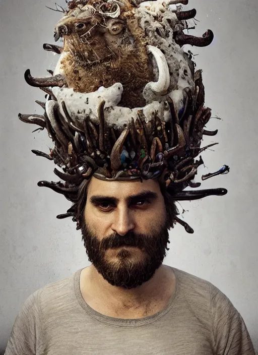 Image similar to a hyper detailed portrait of joaquin phoenix with a crown made of animals, cow horns, pig nose, sheep wool, chicken feather armor, horror, by anna podedworna, by miklos ligeti, by diego maricato, by taran fiddler, by antonino truisi, by chris reddie, by jinsung lim, trending on artstation