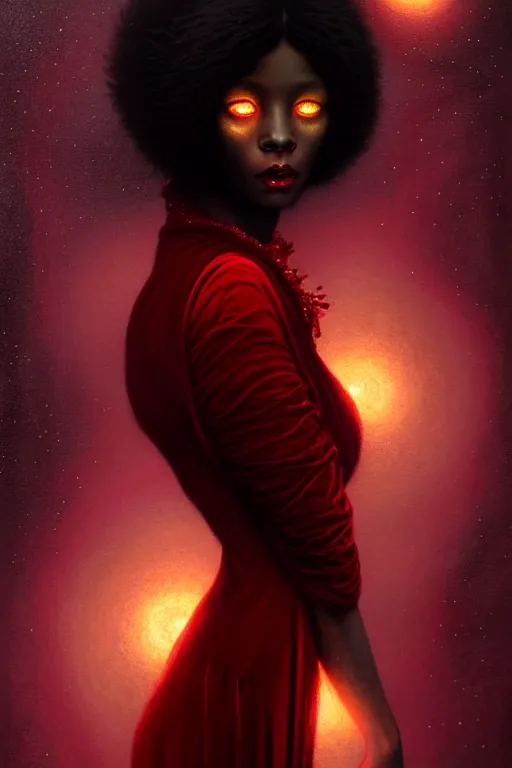 Prompt: Nocturne, glowing, stars, a portrait of black furry shadow monster hybrid woman, highly detailed, mysterious, ethereal, dressed in red velvet, haute couture, illustration, dramatic lighting, soft details, painting, by Edmund Blair Leighton, Brom, Charlie Bowater, trending on artstation, faces by Tom Bagshaw, otto schmidt