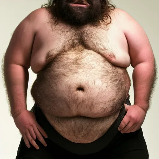Prompt: a photo of a very hairy and fat man wearing a thong, with long hair holding a 1 0 m yam