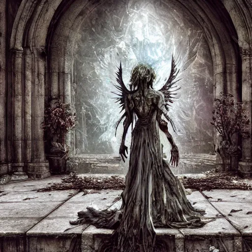 Image similar to a rotting zombie angel in front of a nation of worshippers, exterior cathedral, ultrafine colored illustration, hyperrealistic, cinematic atmosphere, intricate linework, sharp focus, octopath traveler, final fantasy, unreal engine highly rendered, global illumination, radiant light, intricate environment