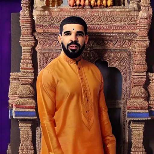 Prompt: drake the rapper wearing a silk kurta, bundi, hindu kovil scene, highly realistic