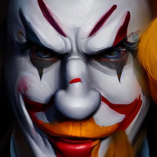 Image similar to concept art of clown by jama jurabaev, cinematic shot, brush hard, artstation, cgsociety, high quality, brush stroke