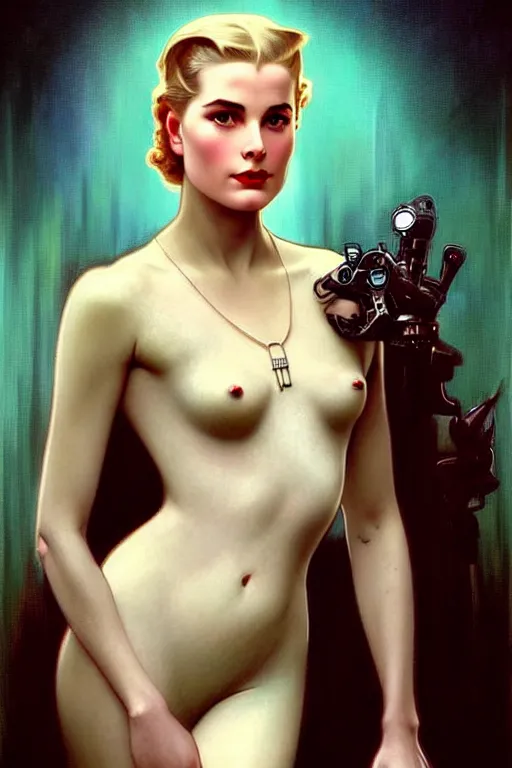 Image similar to young and beautiful evil cyborg grace kelly by future steichen in the style of tom bagshaw, alphonse mucha, gaston bussiere, cyberpunk. anatomically correct elegant cybernetic body mods. extremely lush detail. masterpiece. melancholic scene infected by night. perfect composition and lighting. sharp focus. high contrast lush surrealistic photorealism. sultry evil plan.