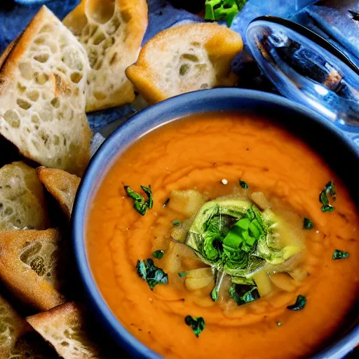 Prompt: a soup with teeth floating, food photography