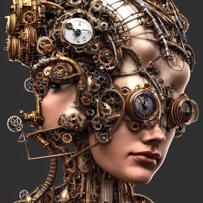 Image similar to hyperrealistic mixed media portrait of a beautiful mechanical steampunk woman, stunning 3d render inspired art by P. Craig Russell and Barry Windsor-Smith + perfect facial symmetry + dim volumetric lighting, 8k octane beautifully detailed render, post-processing, extremely hyperdetailed, intricate futuristic mechanic parts, epic composition, grim yet sparkling atmosphere, cinematic lighting + masterpiece, trending on artstation