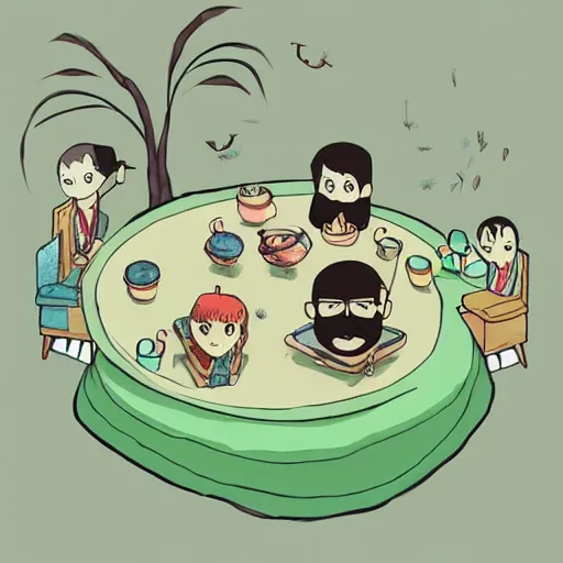 Prompt: tiny imaginary creatures having a tea party inside a human's beard. anime. in a style of hayao miyazaki.