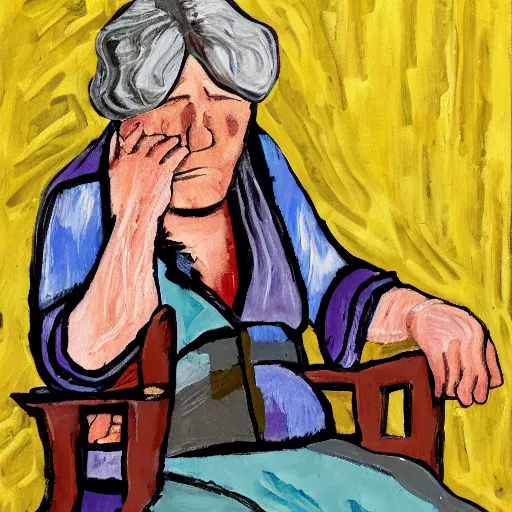 Image similar to old woman crying sitting in a rocking chair, expressionism