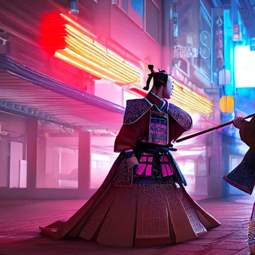 Image similar to A Japanese samurai with a Japanese geisha. 8K 3D acrylic art colourful CryEngine beautiful artwork digital illustration DSLR HDR glowing neon maximalist polished pixiv Unreal Engine vast clear photo filigree designs , by SiChen Wang