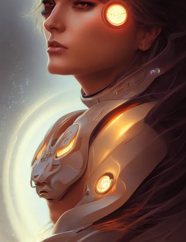 Image similar to futuristic woman portrait, sci-fi, amber eyes, face, long hair, fantasy, intricate, elegant, highly detailed, digital painting, artstation, concept art, smooth, sharp focus, illustration, art by artgerm and greg rutkowski and alphonse mucha