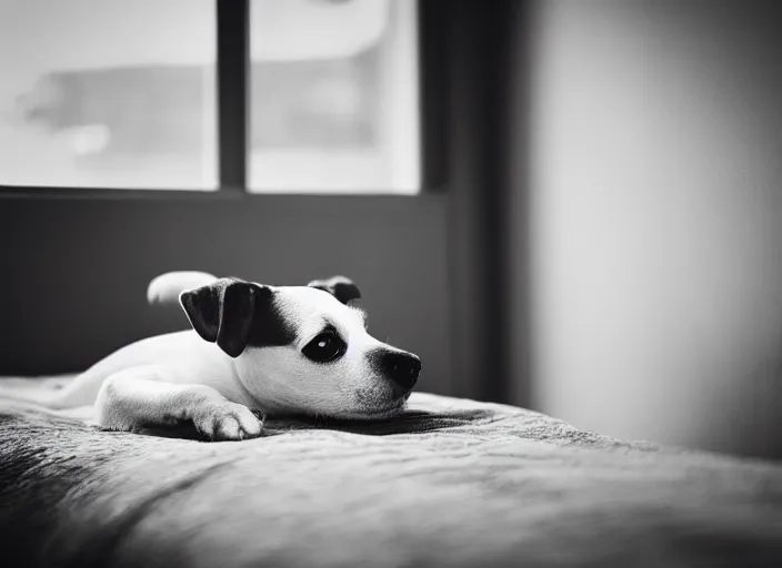 Image similar to photography of a Jack Russel . watching outside the window. on a bed. in a vintage room full of vinyls and posters.,volumetric light, photorealistic,, award winning photo, 100mm, sharp, high res