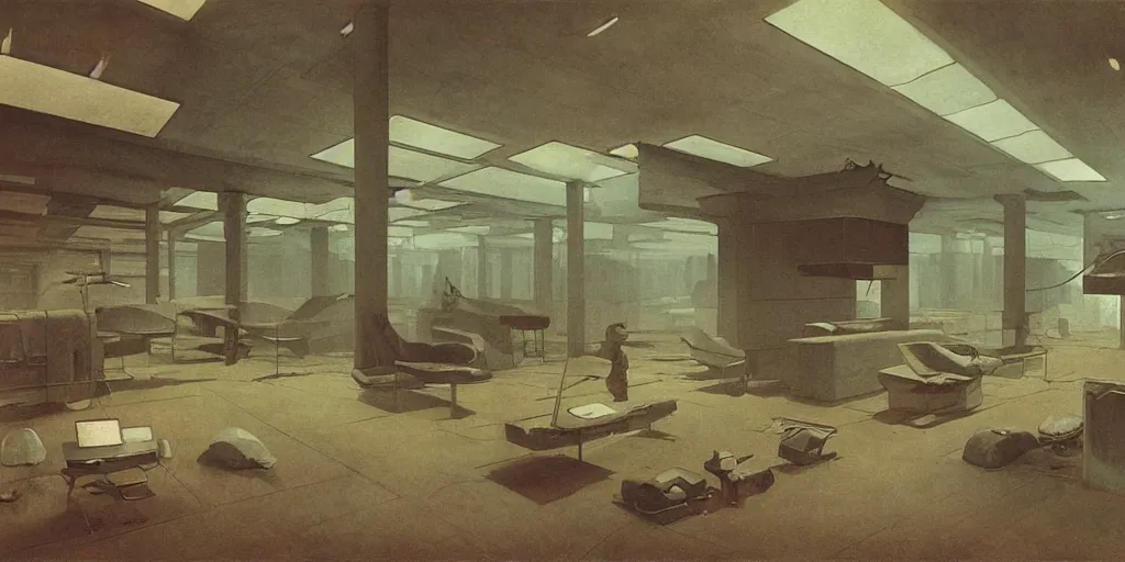 Image similar to a dystopian office interior with huge holographic displays everywhere, beksinski and syd mead cinematic matte painting