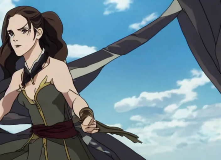 Prompt: emma watson flying screenshot from demon slayer 鬼滅の刃 anime gal gadot