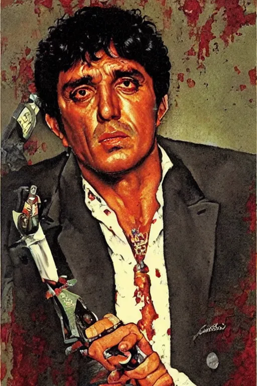 Prompt: Tony Montana from Scarface painted by Norman Rockwell