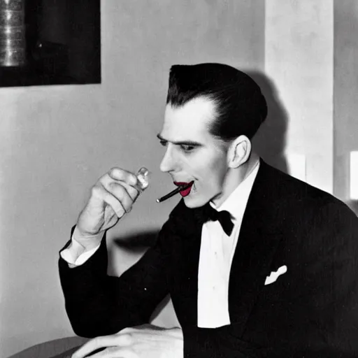 Prompt: Handsome English vampire, age 35, white dress shirt and black pants, dark hair in a ponytail, cigarette in right hand and glass of bourbon in the left. 1940s snapshot. Slight blur.