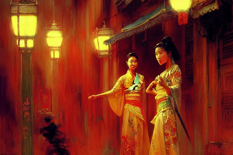 Prompt: wuxia, neon light, painting by gaston bussiere, craig mullins, j. c. leyendecker