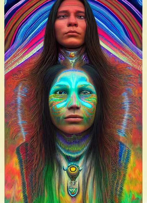 Prompt: portrait ultra dimensional native american woman girl shaman, accidentally tripping on dmt and acid, psychedelic experience, overwhelming psychosis of self realization and burning awakening, ultra high definition, unreal engine 5, hyperrealism, masterpiece composition, by casey weldon, barclay shaw