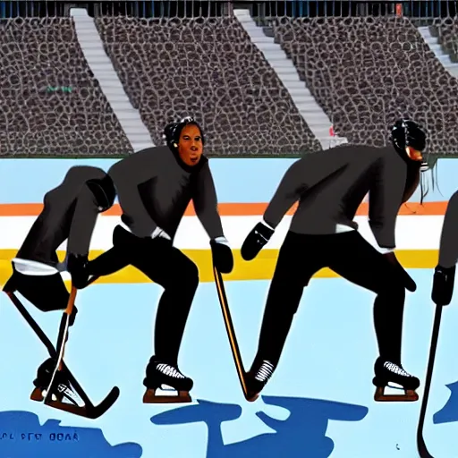 Prompt: a squad of Beyoncé clones playing hockey, photorealistic