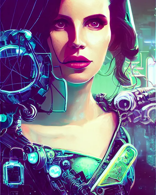 Image similar to portrait of lana del rey as a cyberpunk cyborg. roses, sci - fi, missing panels, intricate abstract, upper body, intricate artwork, by tooth wu, wlop, beeple, dan mumford. concept art, 8 k octane render, deviantart, greg rutkowski, cinematic, key art, hyperrealism, iridescent accents