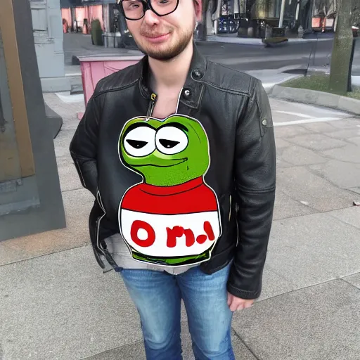 Image similar to pepe the frog head from 4chan on the body of a cartoon dog wearing a leather jacket and jeans