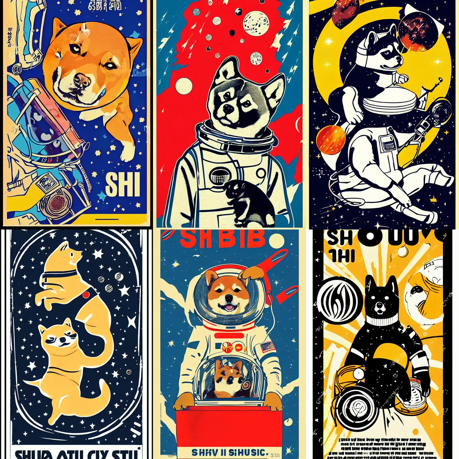 Image similar to Shiba Inu cosmonaut, 60s poster, in the style of a music poster 1968