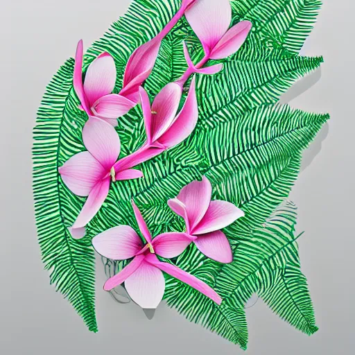 Prompt: 3D winding DNA strand intertwined with magnolia flowers, ferns, insect wings, leaves and moss in black and white pencil drawing style with soft shades of pink and green.