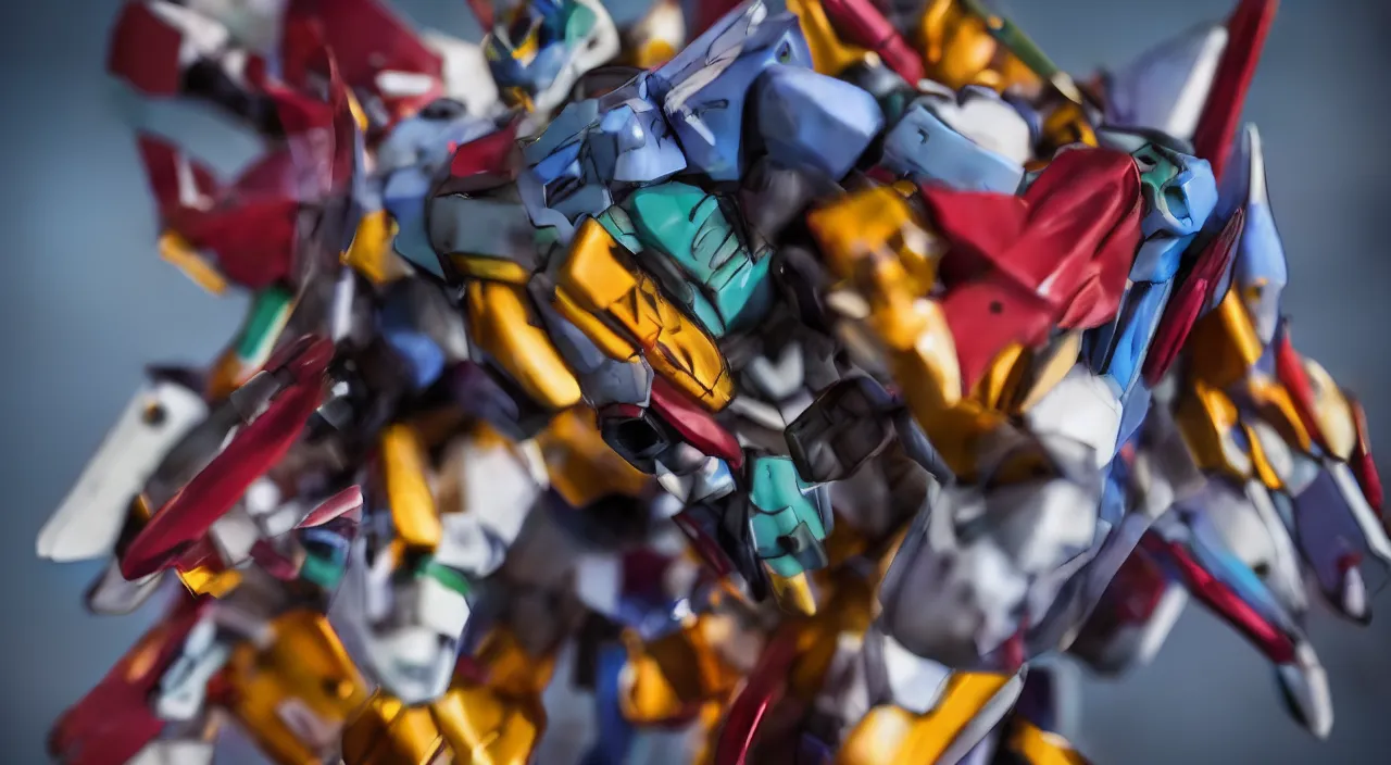 Image similar to medium close up view, Gundam,Guyver,colourful,bokeh,blur,cinematic lighting