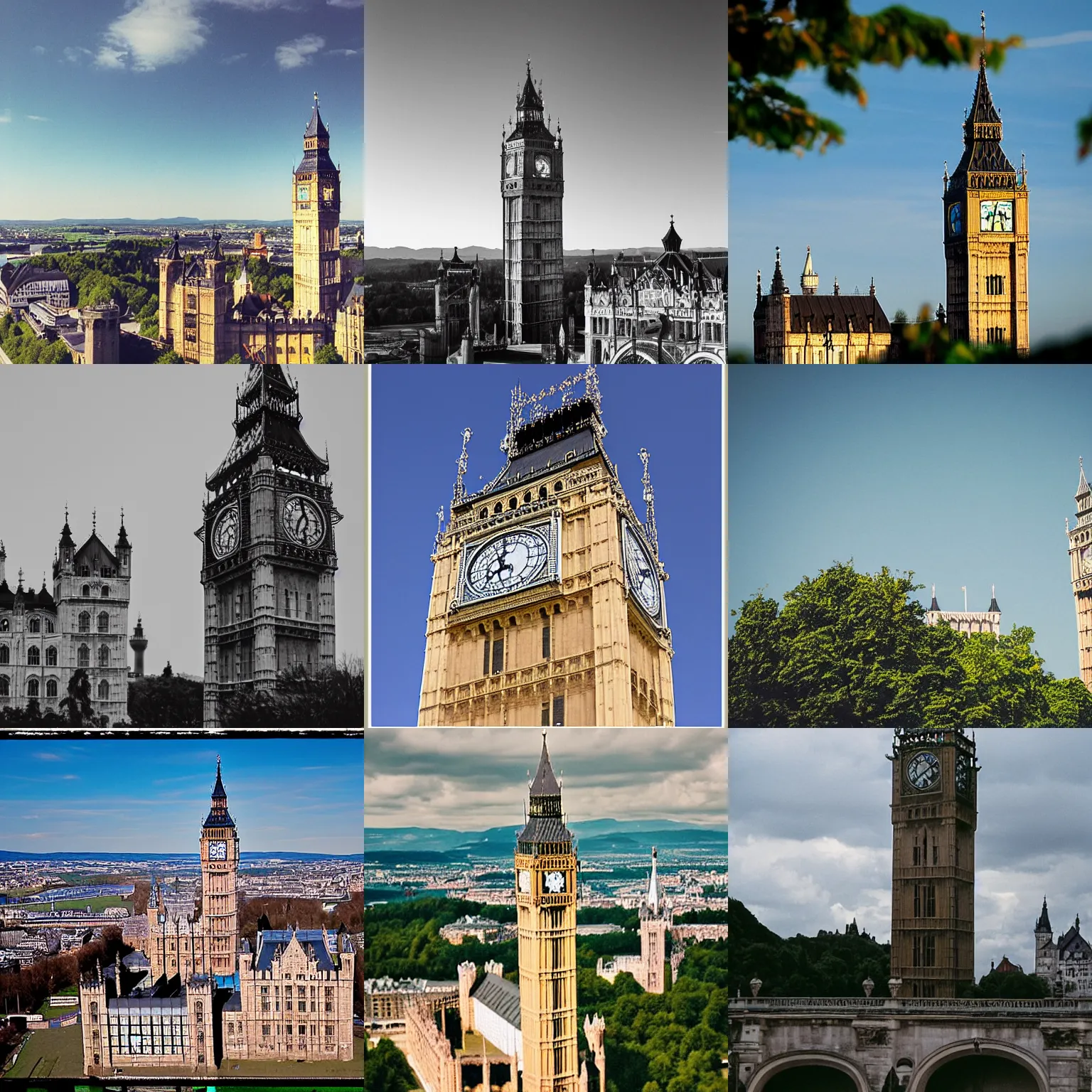 Prompt: big ben! and the collosseum!!!!! and the eiffel!!!!! tower!!!!! and neuschwanstein!!!!! in a beautiful landscape, nature photography, 3 5 mm, professional photography