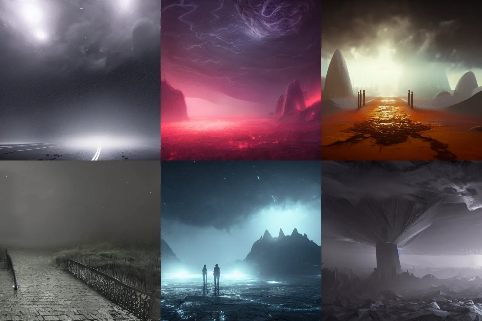 Prompt: utopian Galaxy , a dark evil path underneath a storm of fog, a evil dark sun , depth field, unreal engine, 4k concept art and hyper realism