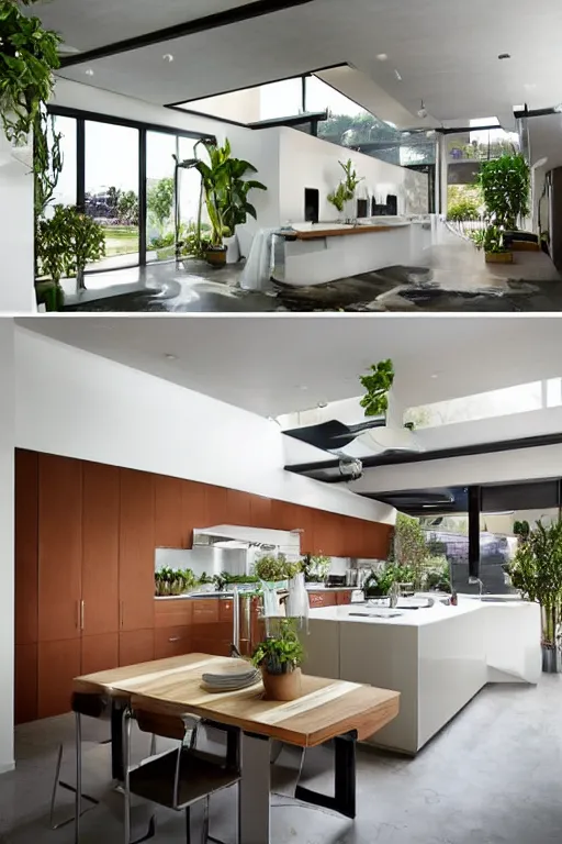 Image similar to a gigantic modern kitchen in a light and beautiful room with plants and furniture by john lautner, high detail, hyper-realistic environment