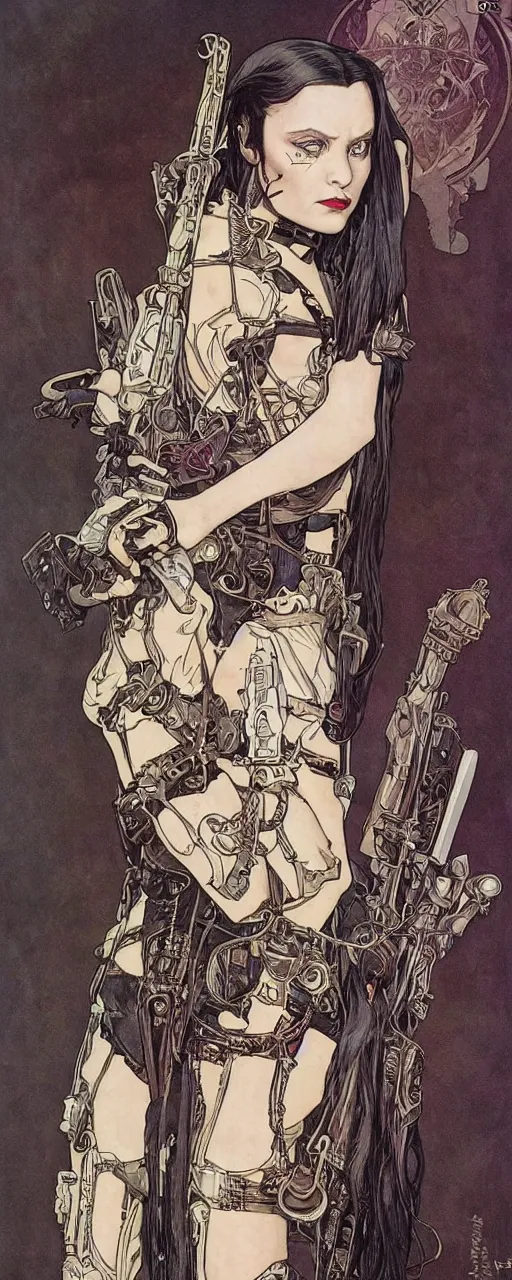 Prompt: beautiful stunning sci - fi art nouveau portrait of wednesday addams as a mad max style thrashpunk rebel soldier by michael kaluta, moebius and alphonse mucha, photorealism, extremely hyperdetailed, perfect symmetrical facial features, perfect anatomy, ornate declotage, weapons, circuitry, high technical detail, determined expression, piercing gaze