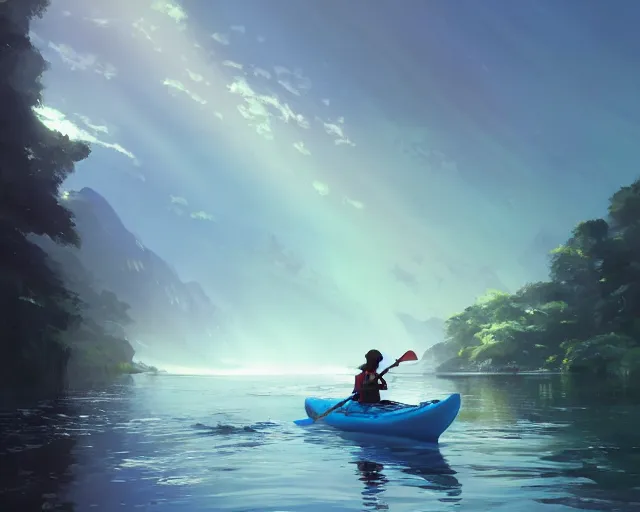 Image similar to a kayak in a river. blue water, atmospheric lighting. by makoto shinkai, stanley artgerm lau, wlop, rossdraws, james jean, andrei riabovitchev, marc simonetti, krenz cushart, sakimichan, d & d trending on artstation, digital art.