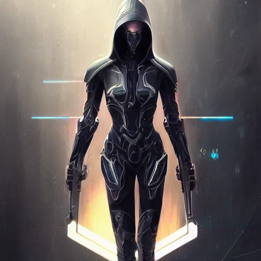 Prompt: matte digital artwork of the galactic assassin, intricate black sharp iridescent hooded semi - cybernetic armour, iridescent technology and weapon, detailed realistic art by greg rutkowski and artgerm