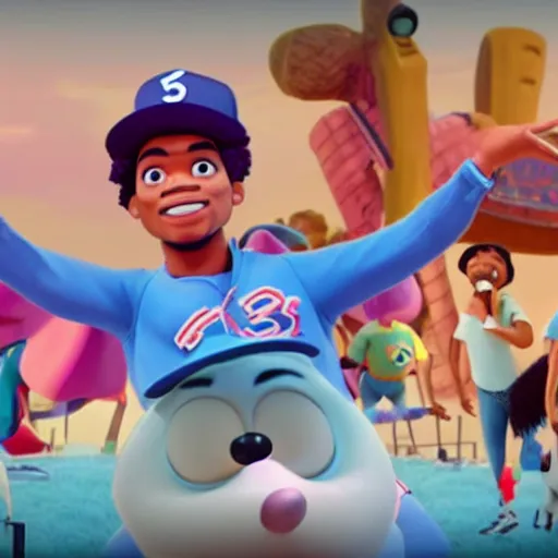 Image similar to a tv still of Chance The Rapper starring in a 2006 Pixar Animated movie