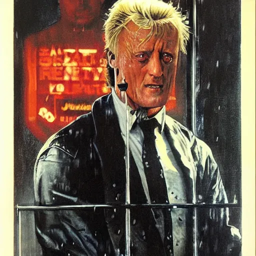 Image similar to rutger hauer as roy batty from blade runner 1982 tears in rain speech, painted by norman rockwell and tom lovell and frank schoonover