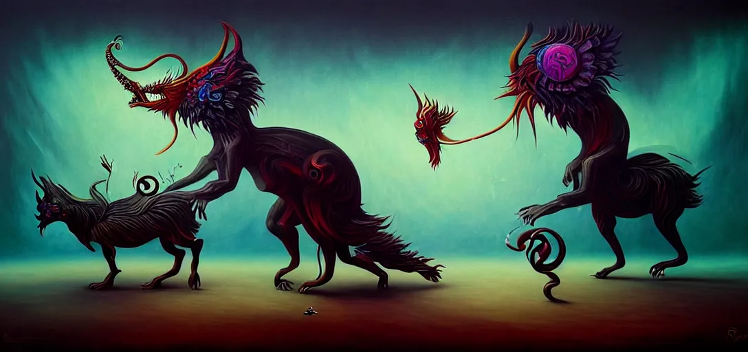 Image similar to strange mythical beasts of whimsy, surreal dark uncanny painting by ronny khalil