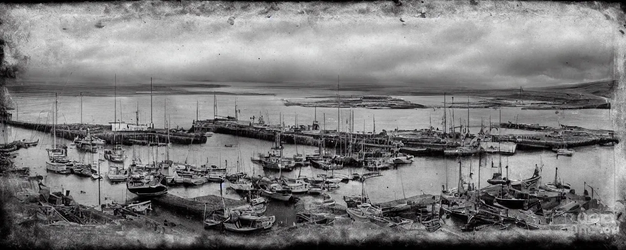 Prompt: a tintype photograph of the harbour at Stromness orkney, Cinematic view