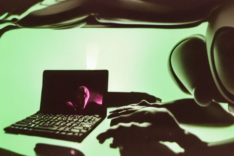 Prompt: alien using a computer to check her email submerged in translucent goo, over the shoulder perspective, in 1 9 8 5, y 2 k cybercore, industrial low - light photography, in the style of tyler mitchell