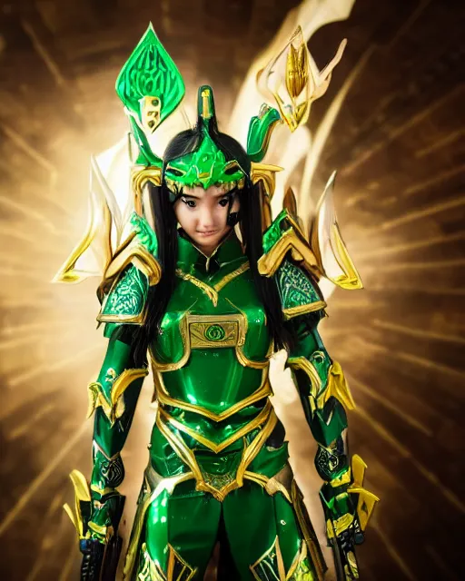 Image similar to a beautiful Asian elf ranger with long hair and green eyes, no helmet, wearing green and gold futuristic mecha armor, with ornate rune carvings and glowing lining and weapons , very detailed, shot in canon 50mm f/1.2
