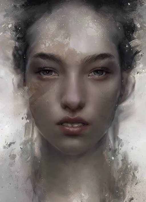 Image similar to portrait of beautiful woman dissolving, made of dust smoke ash, intricate, elegant, highly detailed, digital photography, art by artgerm ruan jia and greg rutkowski