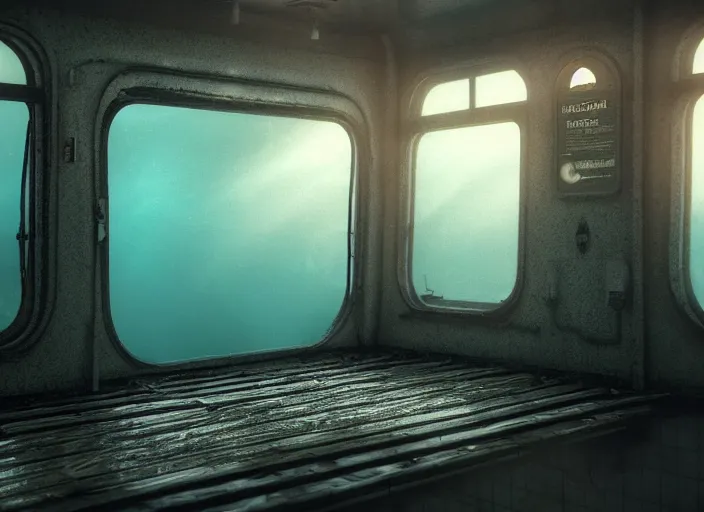 Image similar to hyperealistic underwater old train with glowing window, high detailed, misty glows, seaweed, digital art, octane render