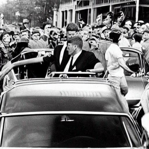 Prompt: realistic photograph of john f. kennedy surviving a sniper shot in his car, 1 9 6 3, pepe the frog among the crowd,