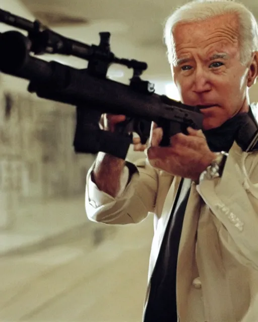 Prompt: film still of joe biden holding an ar 1 5 in scarface, 8 k, raw