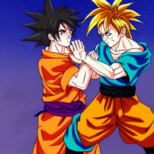 Image similar to anime drawing of jesus, goku fighting jesus