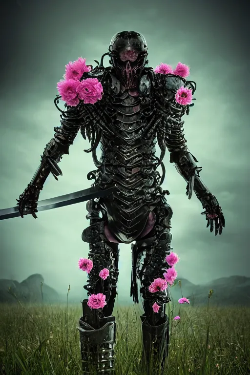 Image similar to hyperrealistic neo - gothic human monster hybrid, exoskeleton armor, fighting with katana, field of pink flowers, highly detailed digital art masterpiece, vitaly bulgarov dramatic dark teal light, ground angle hd 8 k, sharp focus