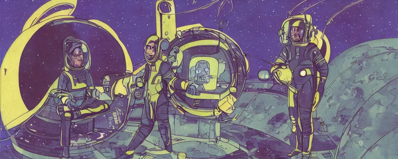 Prompt: a portrait of pilot in spacesuit on field spaceship station landing laying lake artillery outer worlds in FANTASTIC PLANET La planète sauvage animation by René Laloux